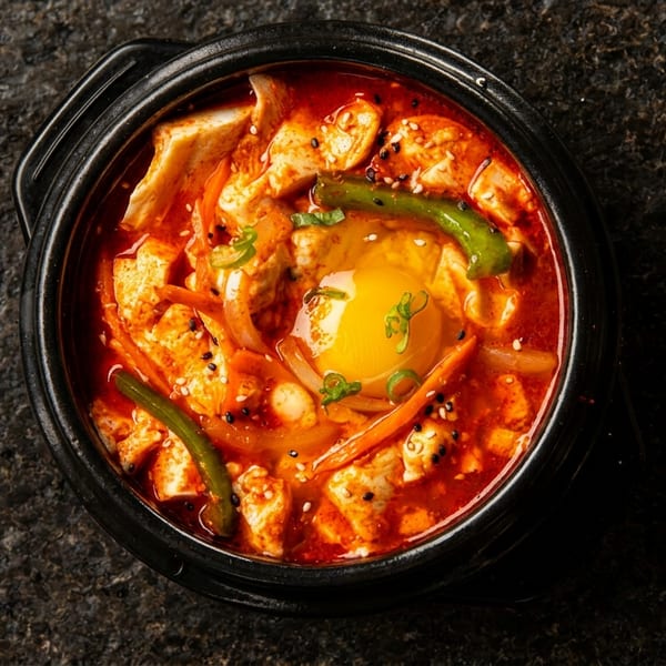Spicy red stew with tofu, vegetables, and a raw egg yolk in a black pot.
