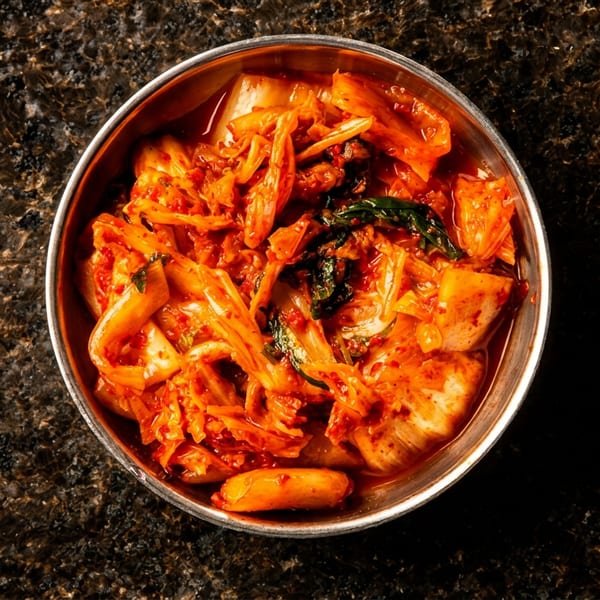 Vibrant red kimchi in a silver bowl on a dark speckled surface.