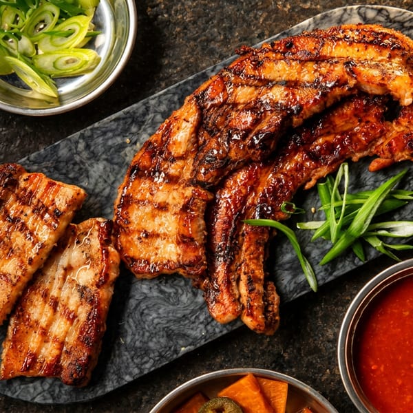 Grilled marinated pork belly on a dark platter with green onions and red chili sauce.