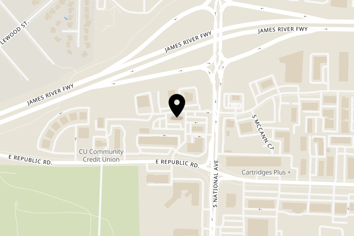 Map showing the location of Bawi Korean BBQ on 4121 S National Ave in Springfield